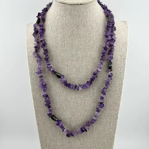 Tumbled Amethyst Necklace Single Strand Sterling Silver Beads 38" L Purple VTG - Picture 4 of 12